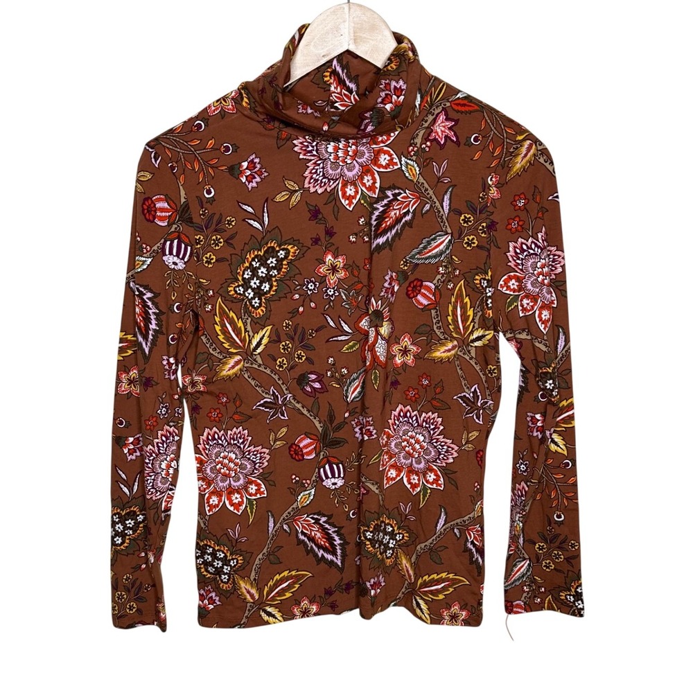 NWT Talbots Floral Paisley Print Turtle Neck Long Sleeve Top size Medium Brown